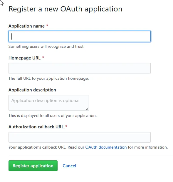 GitHub Register a new OAuth application window without any form fields completed