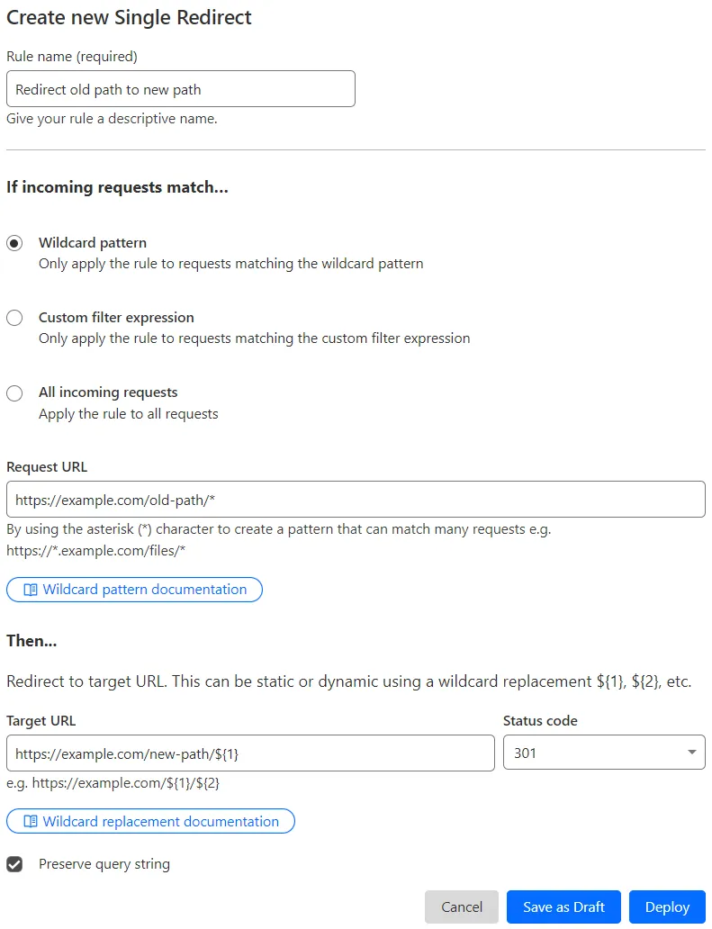 Single redirect matching the 'Forwarding URL' setting of the example Page Rule #2