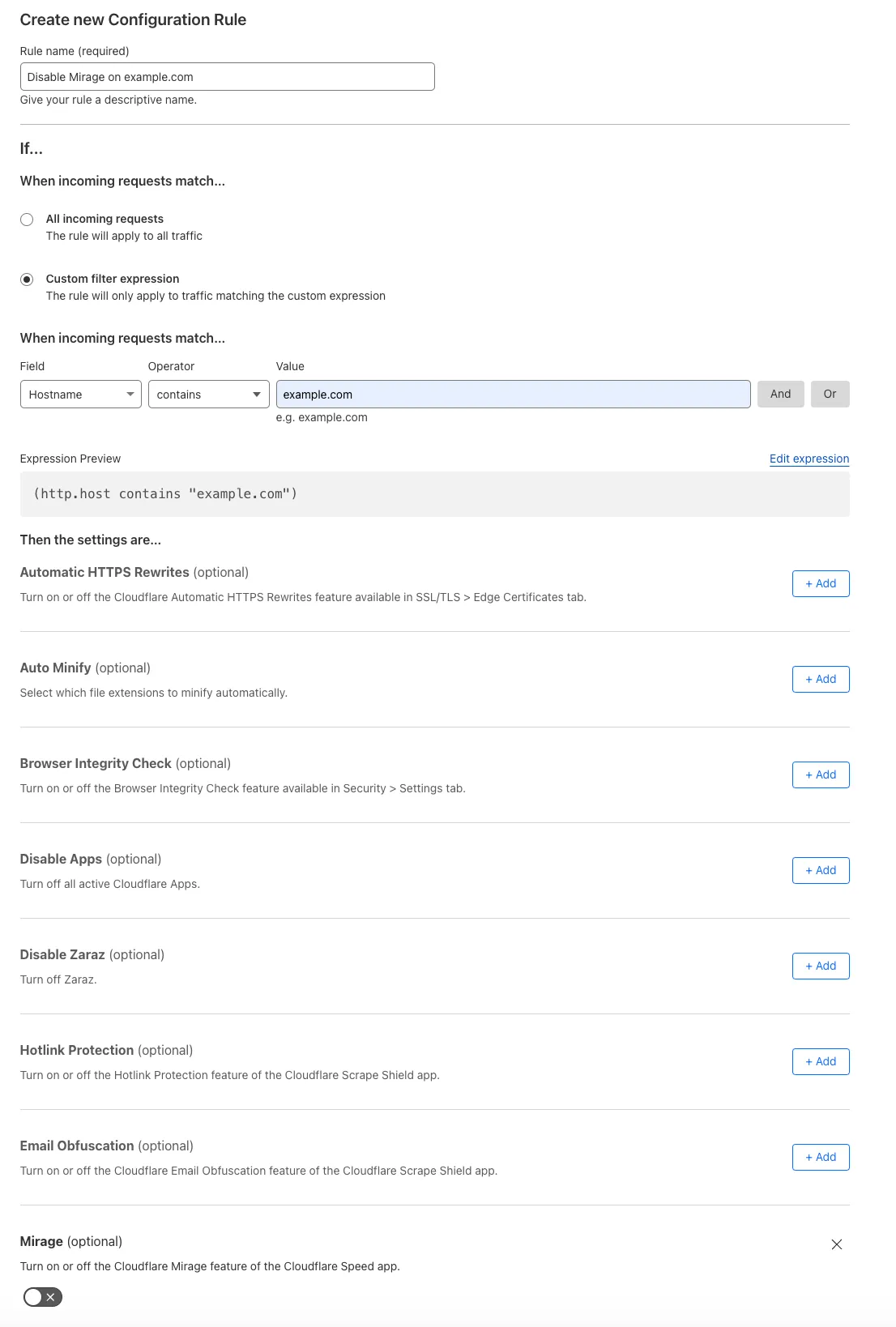 Configuration rule matching the 'Mirage > Off' setting of the example Page Rule