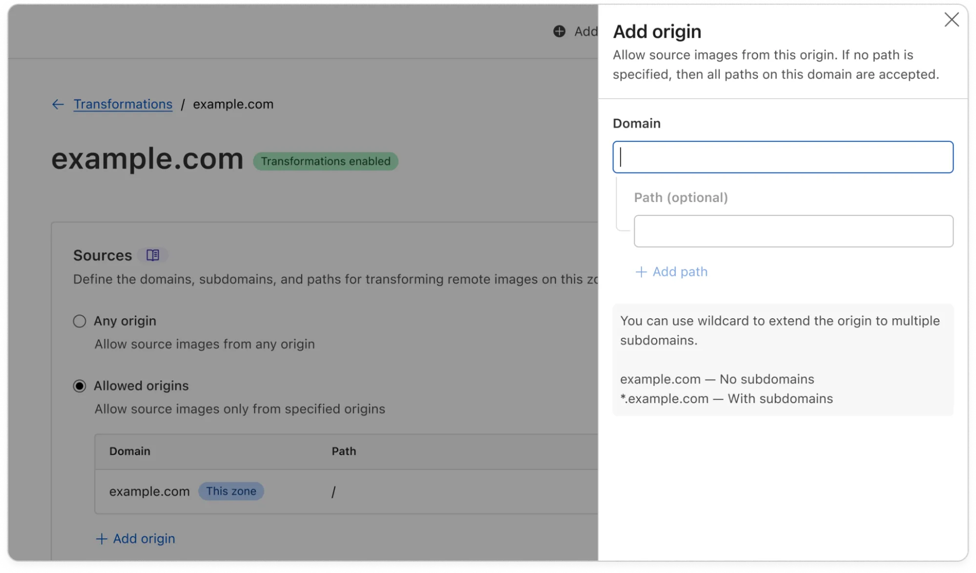 Add the origin for source images in the Cloudflare dashboard