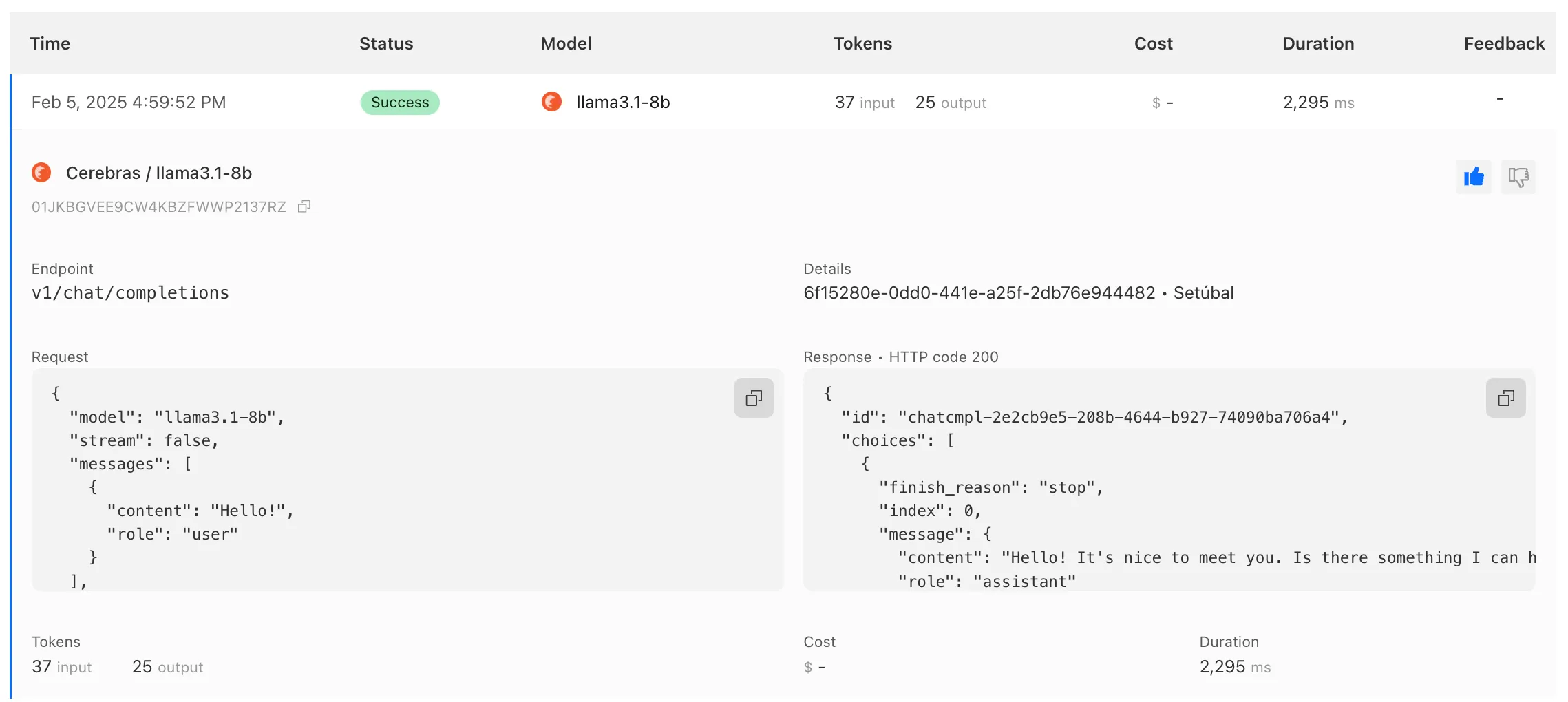 Example of Cerebras log in AI Gateway