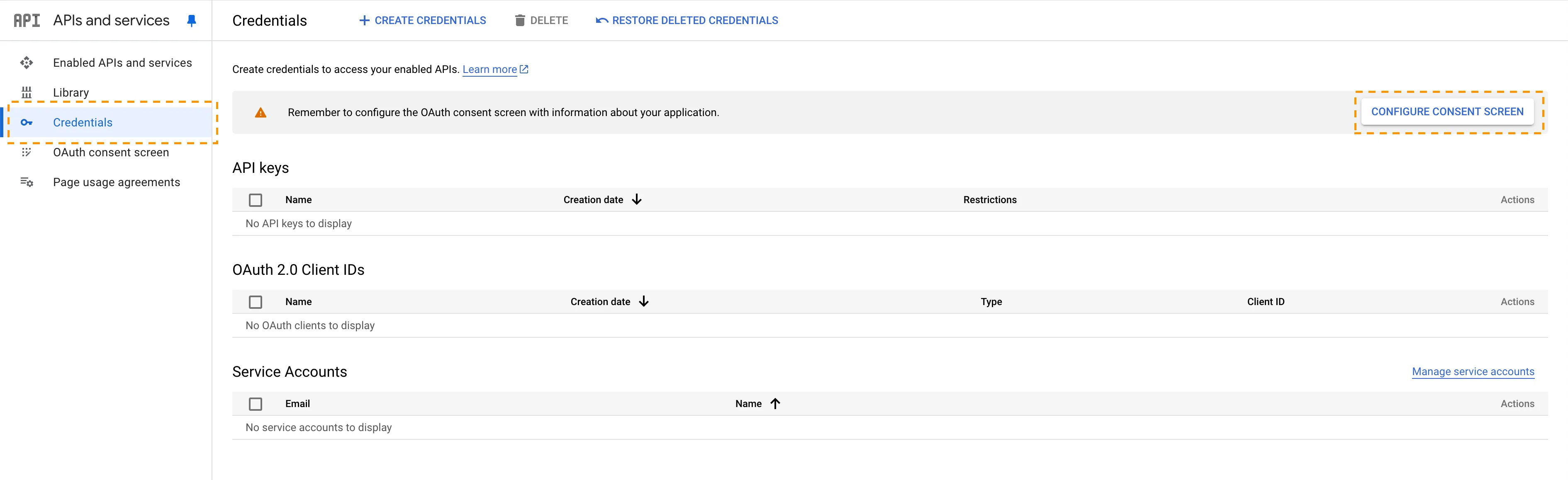 Location to configure a Consent Screen in the Google Cloud Platform console.