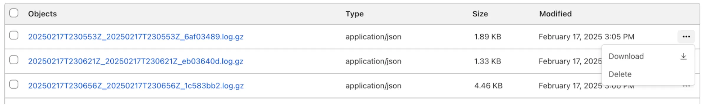 Log files list