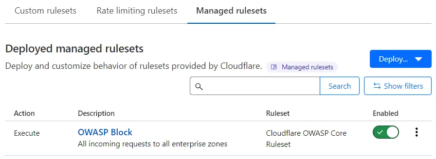 Example WAF Managed Rules configuration in the Managed rulesets tab under Account Home > WAF.