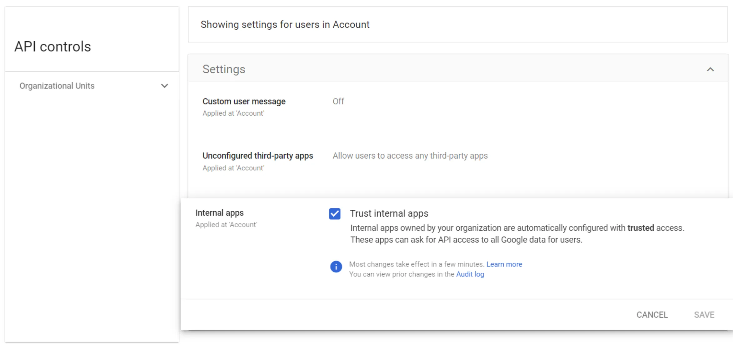 Location to trust internal apps in the Google Cloud Platform console.