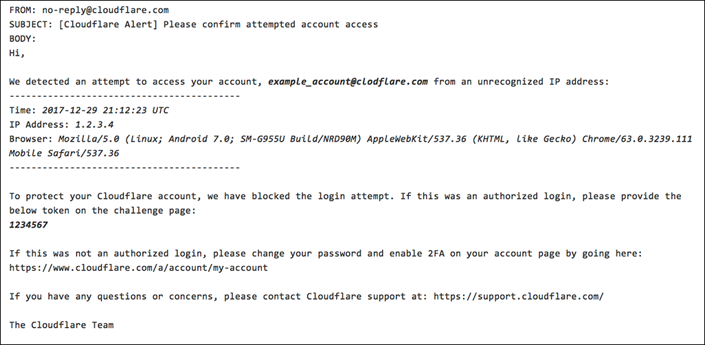 Cloudflare will send an email when your account is logged into from an unknown IP address.