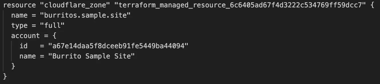 Screenshot of Terraform defining a Zone