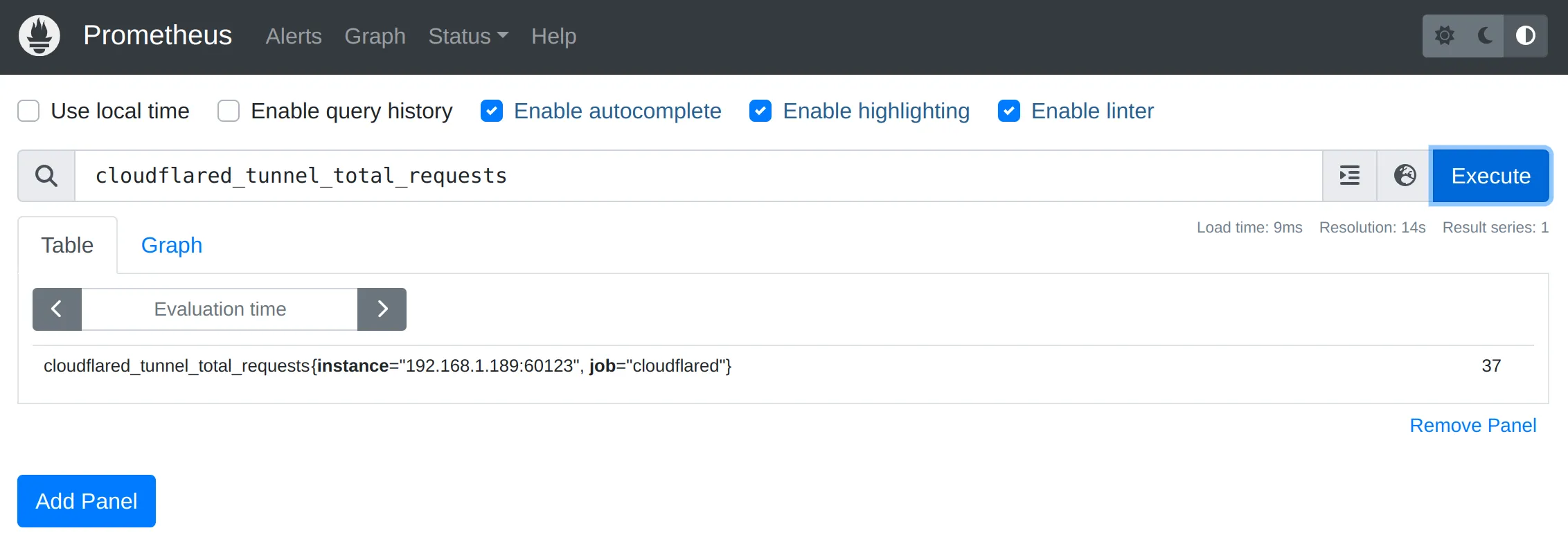 Prometheus dashboard showing tunnel metrics data