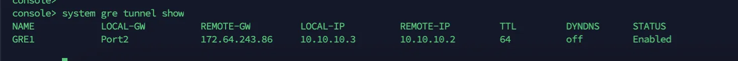 The GRE tunnel will show a status of Enabled when working.