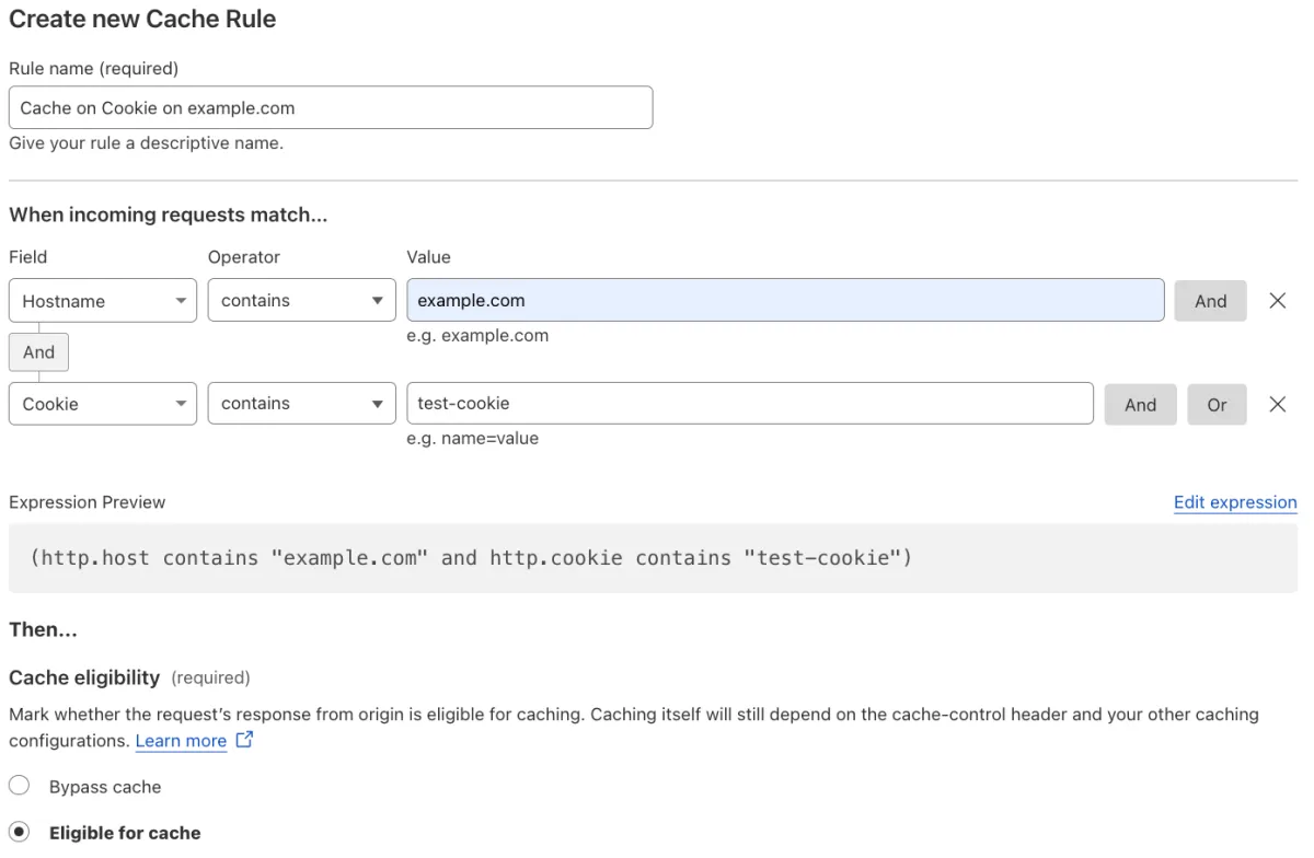 Cache rule matching the 'Cache on Cookie' setting of the example Page Rule