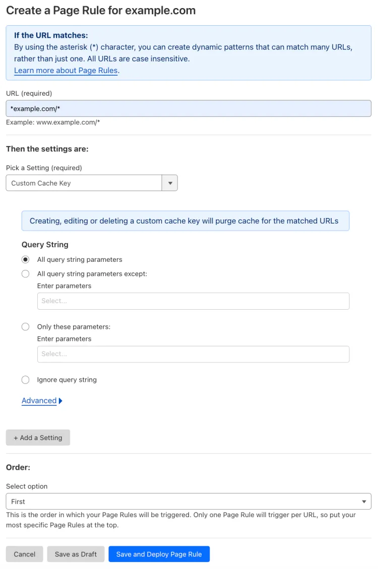 Example Page Rule with the 'Custom Cache Key' setting