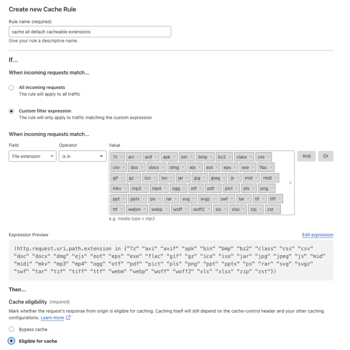 Create an eligible for cache rule