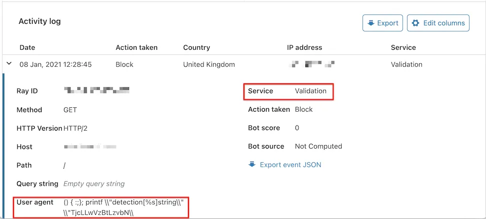 Sampled logs displaying an example of a validation check event