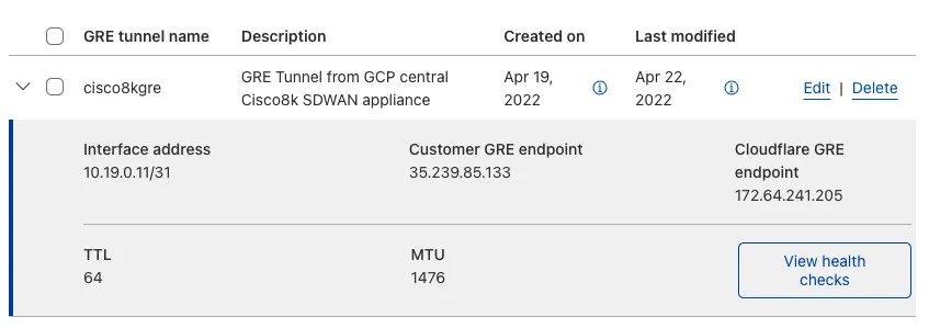 Established GRE tunne in Cloudflash dashboard