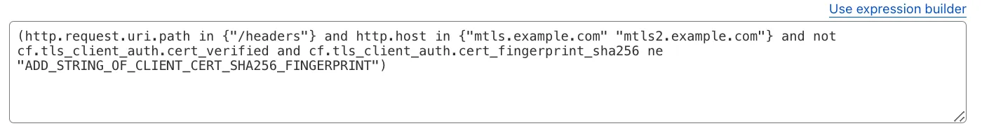 Example expression of a WAF Custom Rule with action block using the cf.tls_client_auth.cert_fingerprint_sha256 field