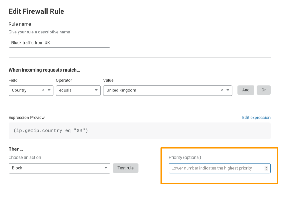 Editing a firewall rule in the dashboard to define its Priority value
