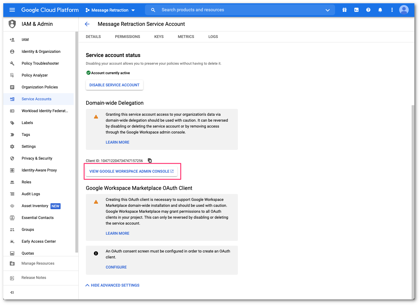Select View Google Workspace Admin Console to configure the domain-wide delegation