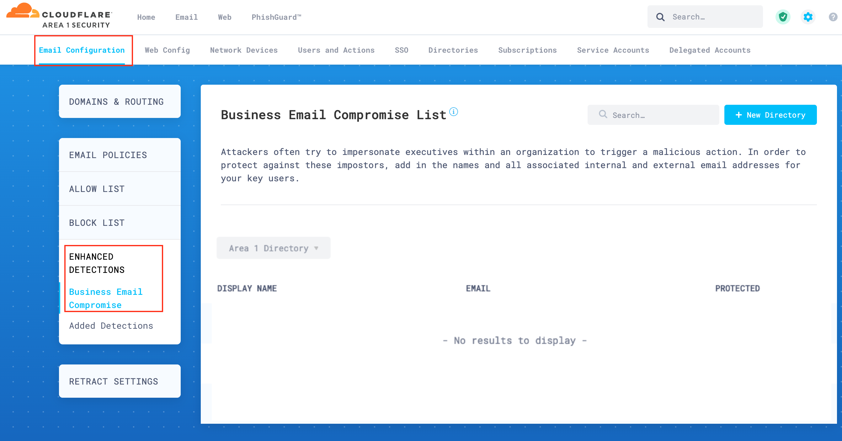 Access Business Email Compromise in Area 1 dashboard to start setting up this feature